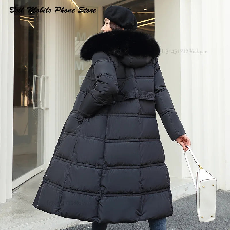 Long Parker Coat Jacket 2024 Women Autumn Winter Thick Warm Coats Woven Block Trend Hooded White Black Korean Coat Parkas