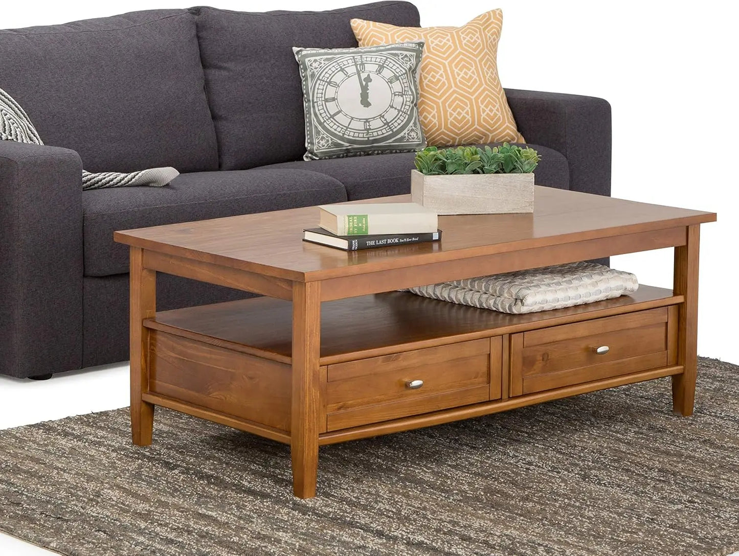 Warm Shaker SOLID WOOD 48 inch Wide Rectangle Rustic Coffee Table in Light Golden Brown, for the Living Room and Family Room