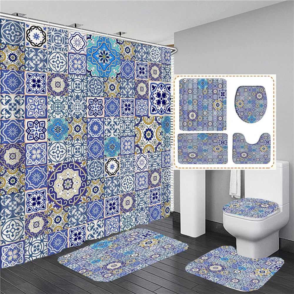 Ethnic Greek style Shower Curtains Waterpoof Bathroom Curtain  Traditional Meander Border Bath Curtain Set Bath Mats Rug Decor