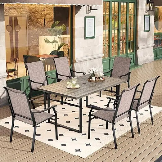 Outdoor Patio Dining Set ,6 Brown Textilene Chairs with 1.61"~2" Umbrella Hole, Outdoor 7pcs Patio Furniture Sets