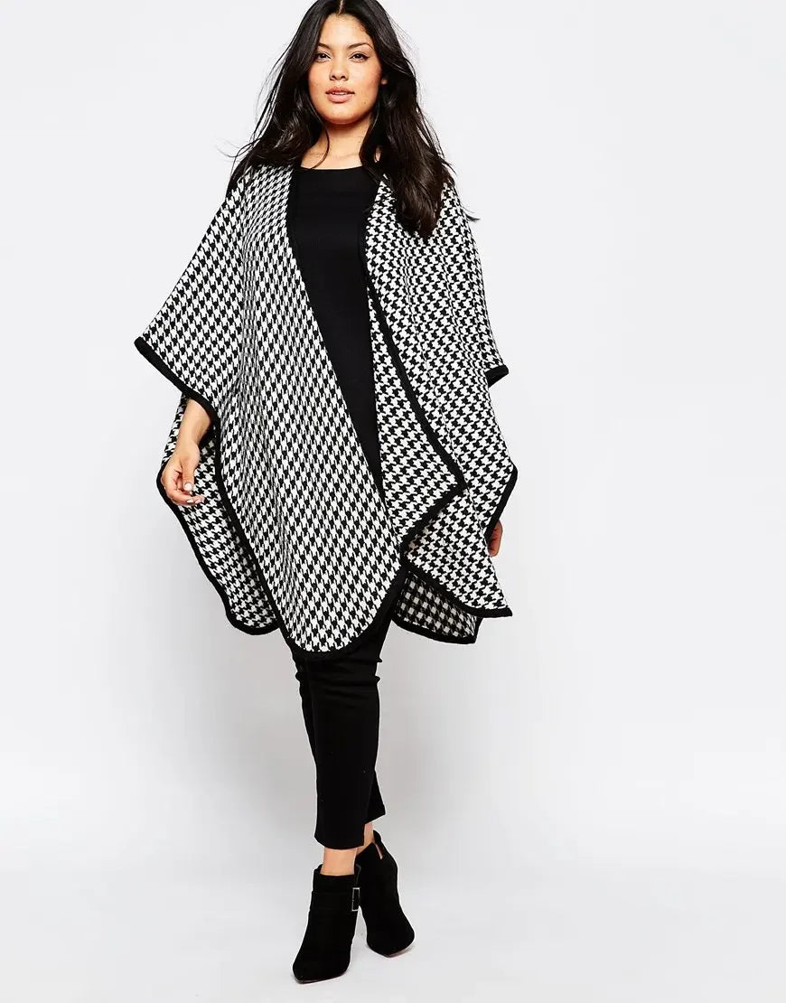 Plus Size Casual Houndstooth Trench Coat Long Bat Sleeve Open Front Female Loose Autumn Winter Woolen Kimono Cardigan 5XL 6XL