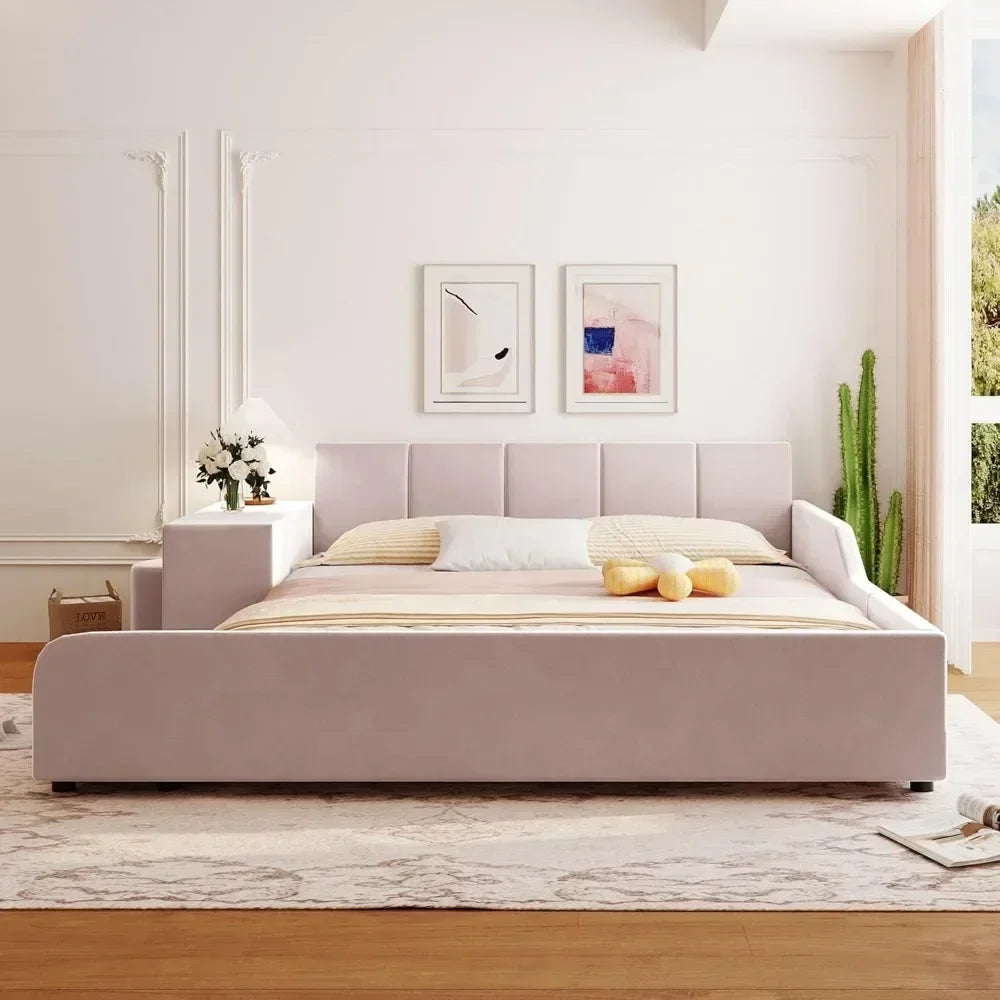 Upholstered Grounded Bed Platform Bed,with Bedside Desk and Little Round Stool Wooden Queen Size Mother & Child Bed Frame