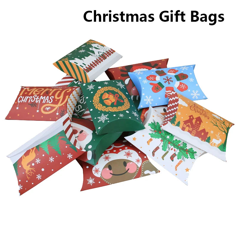 10Pcs Christmas Theme Pillow Gift Box Kraft Paper Creative Xmas Favor Candy Boxes Packaging Gift Bags New Year Party Supplies