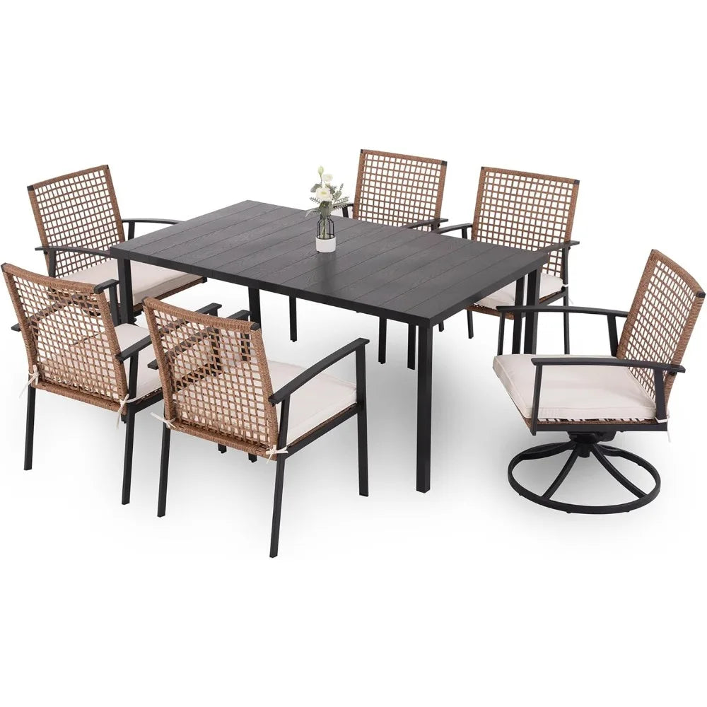 7 Pieces Patio Dining Set, with Soft Cushion and Iron Slats Table Top with Umbrella Hole, Outdoor Furniture Sets