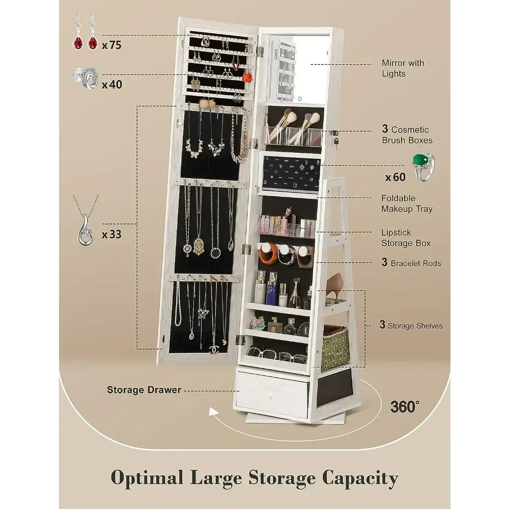 360° Swivel Jewelry Cabinet with Lights, Touch Screen Vanity Mirror, Rotatable Full-Length Mirror, Foldable Makeup Shelf