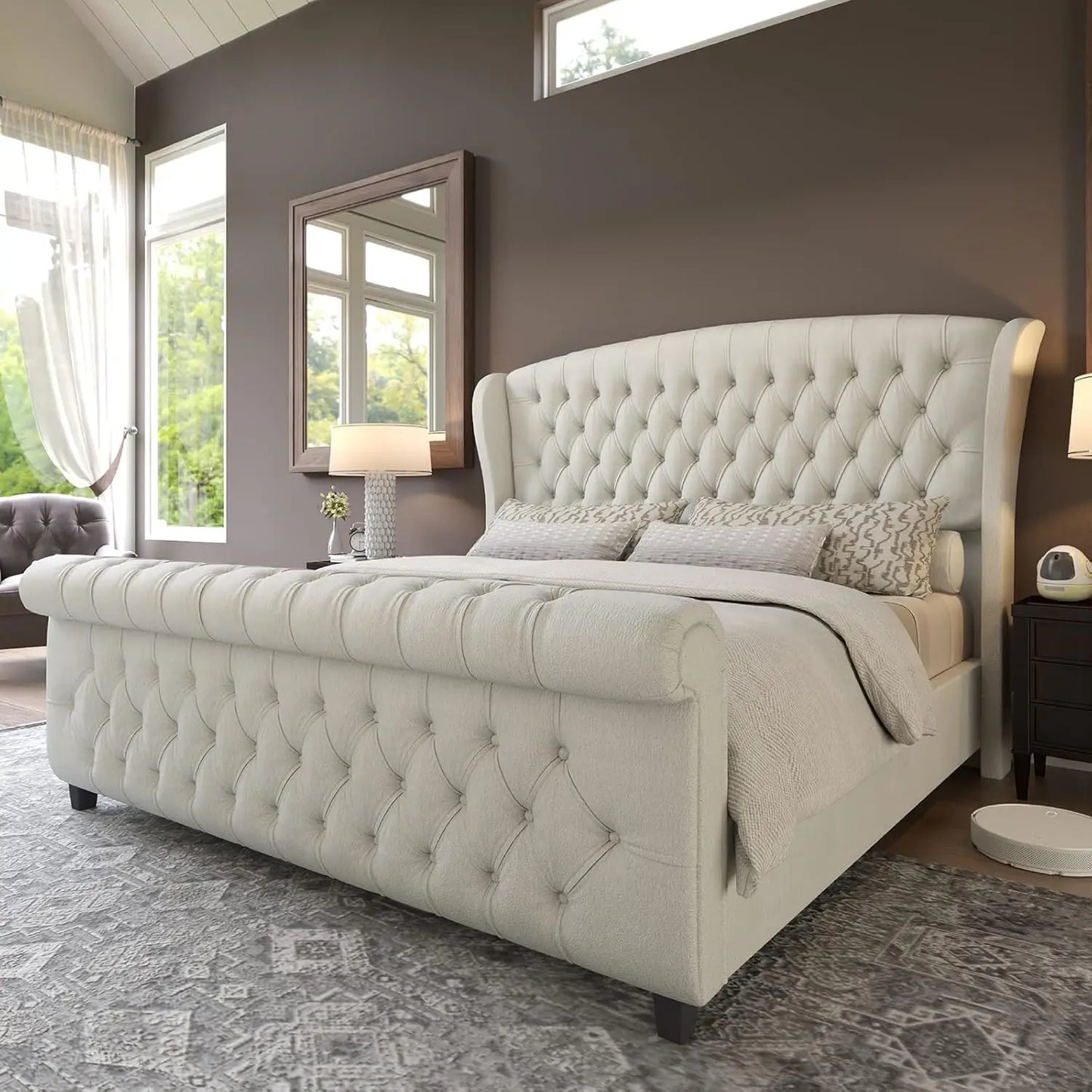 Queen Size Platform Bed Frame, Chenille Upholstered Sleigh Beds with Scroll Wingback Headboard & Footboard Bed Frame