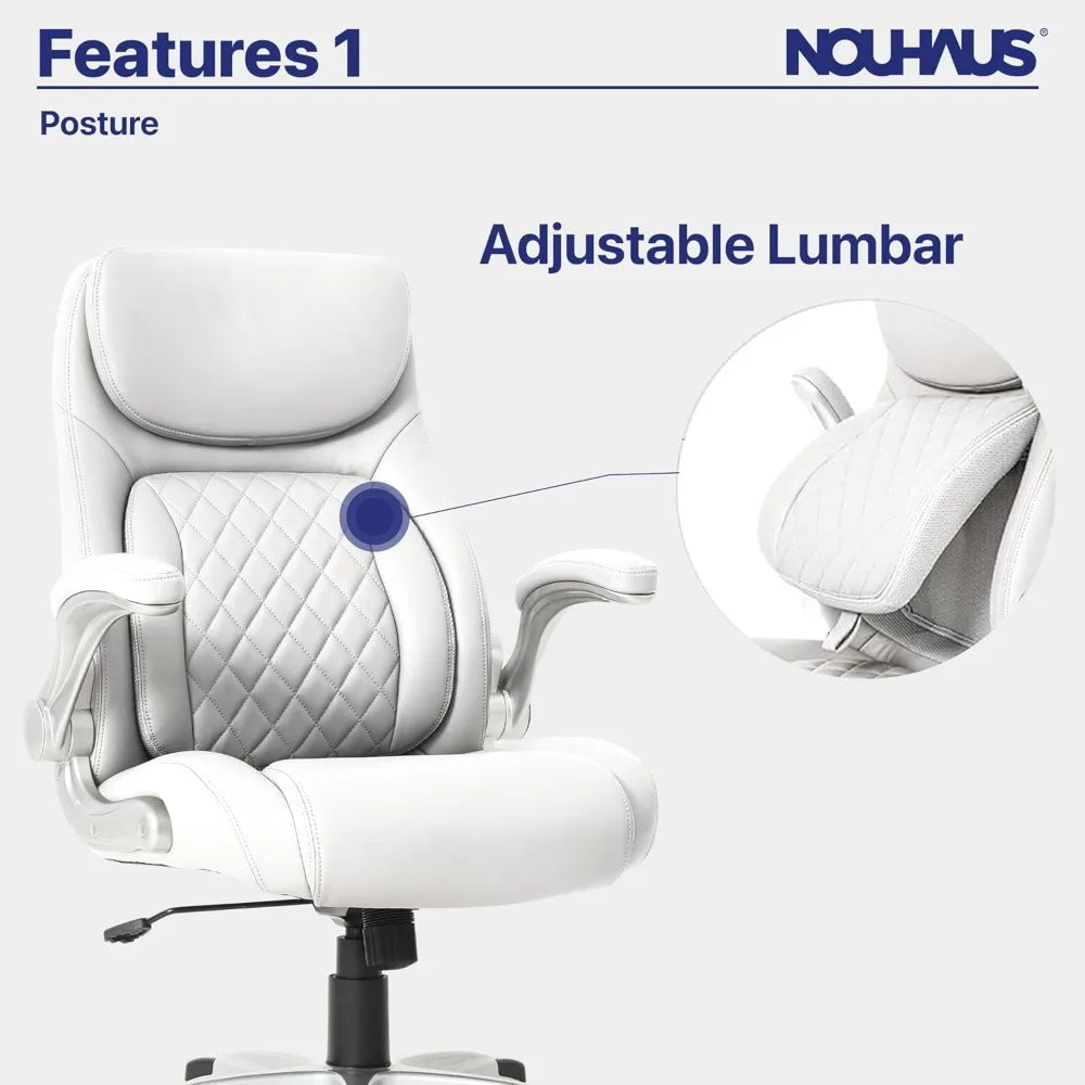 Posture Ergonomic PU Leather Office Chair. Click5 Lumbar Support with FlipAdjust Armrests. Modern Executive Chair  (White)