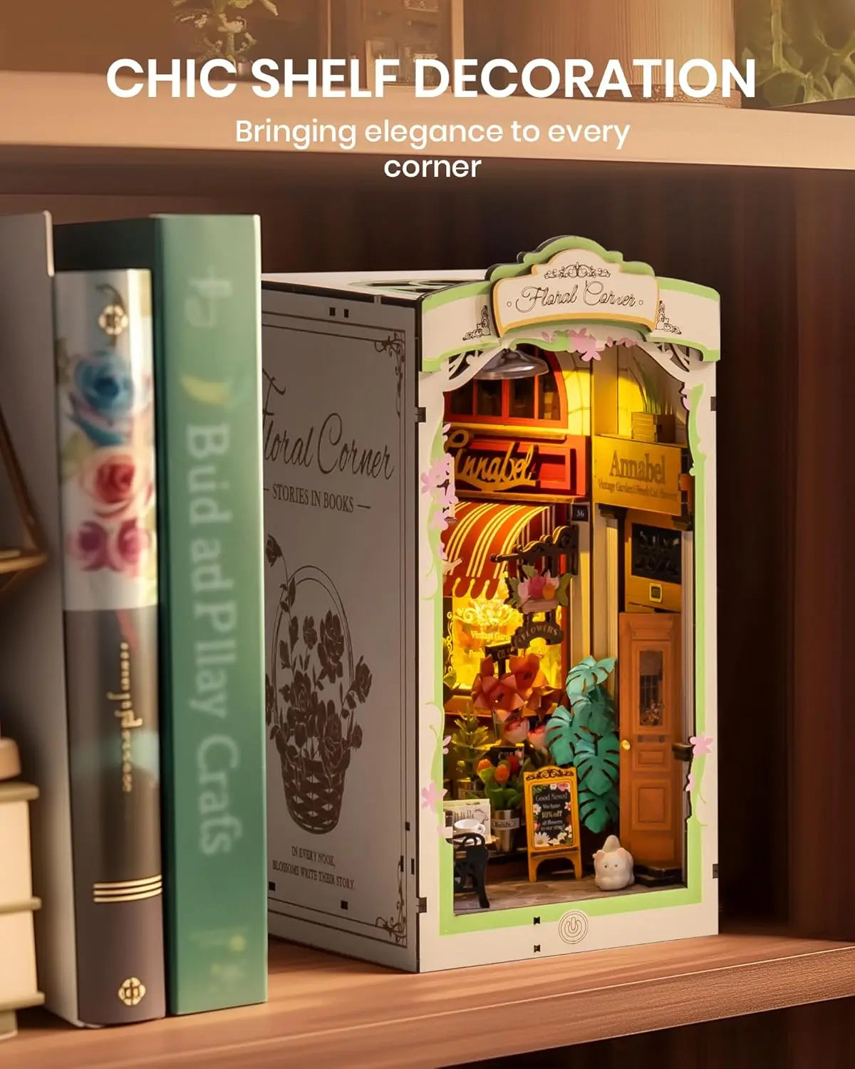 Robotime Floral Corner Book Nook Kits with LED Lights Miniature 3D Wooden Puzzle Bookend Book Shelf Decoration Gifts for Adults