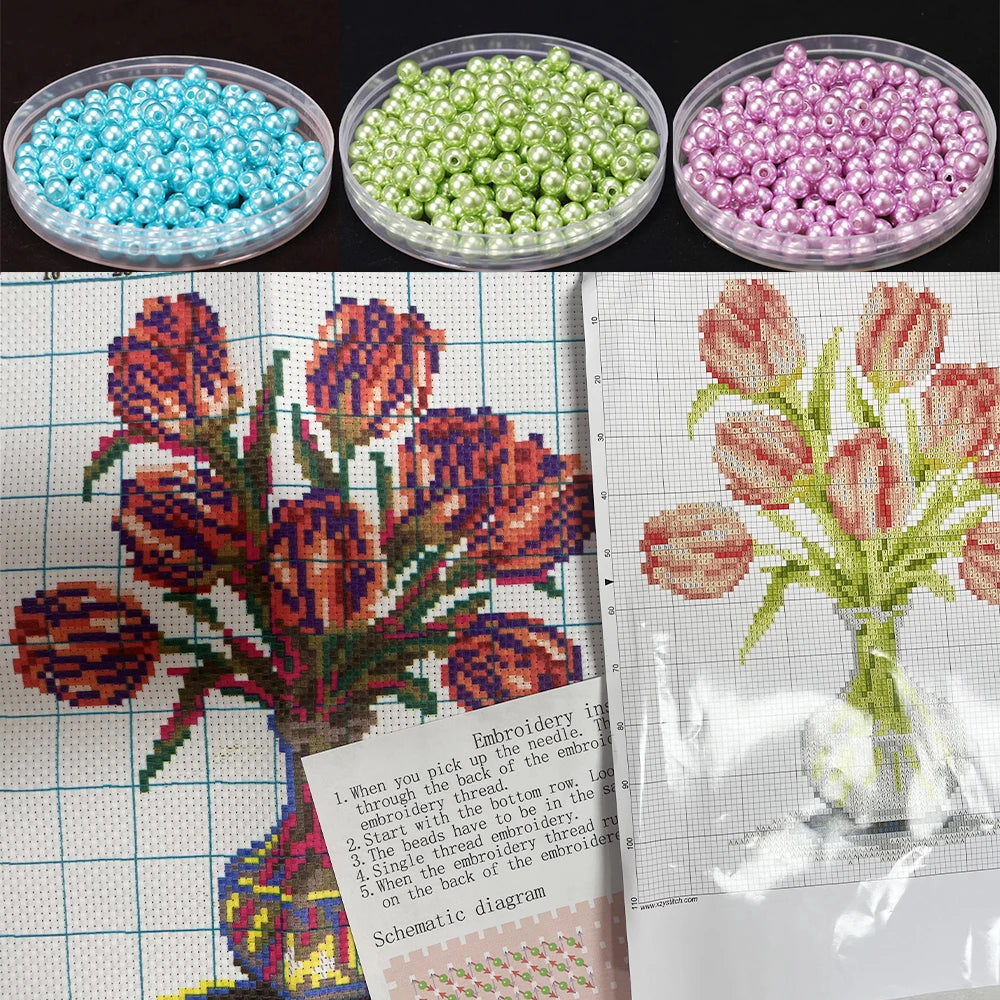 Beadwork set Cross stitch with bead Flower bead embroidery kits Needle art and craft Home decoration Fishing line foe beads