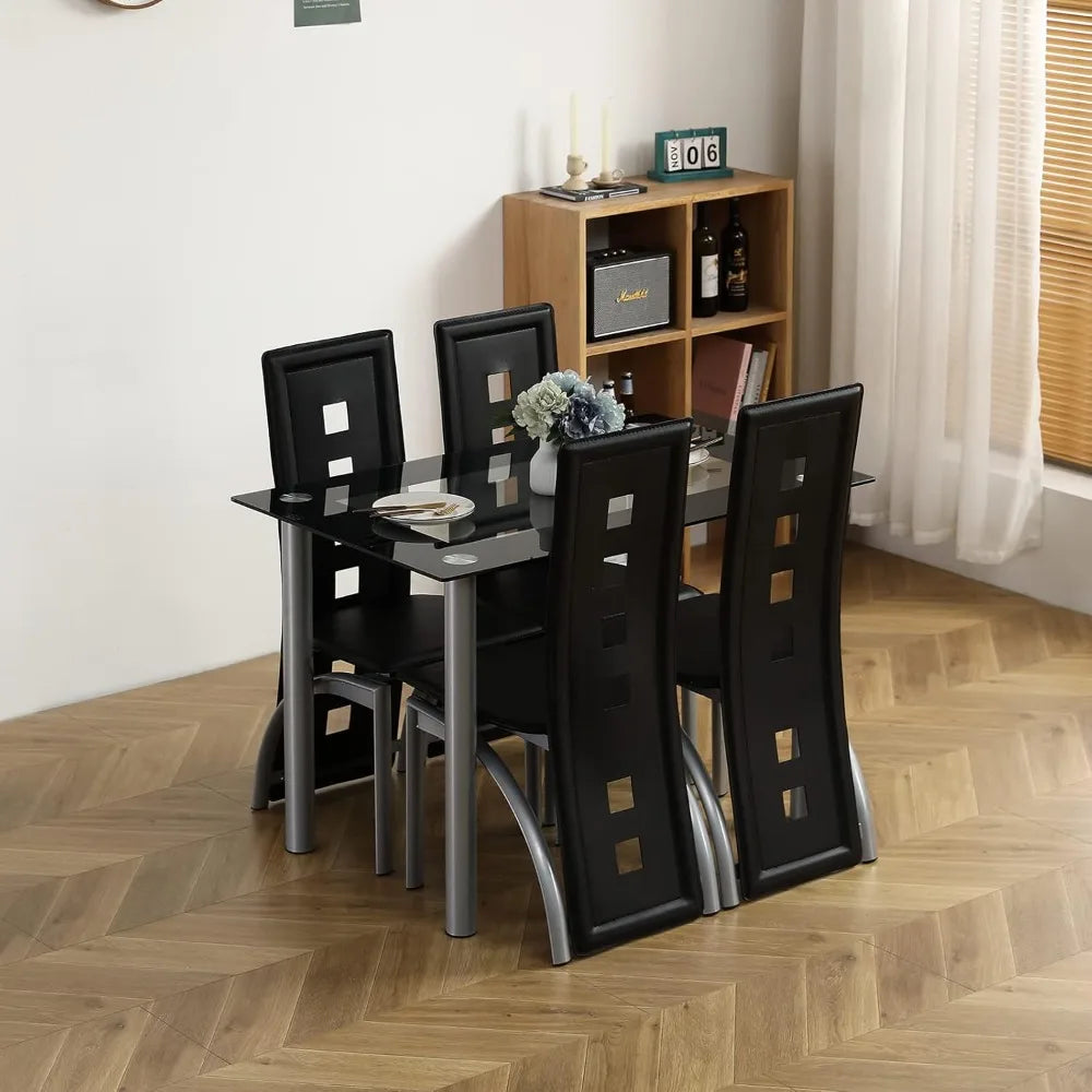 5-Piece Dining Table Set with 1 Glass Dining Table and 4 PVC Chairs, Modern Table Set for Kitchen & Dining Living Room