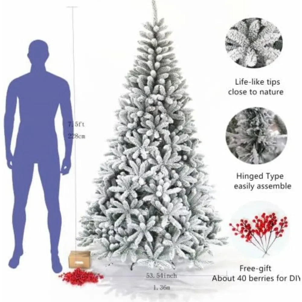 Christmas Tree-7.5ft Snow Flocked Artificial Spruce w/Cones Red Berries & Foldable Stand, Easy Assembly for Home, Office