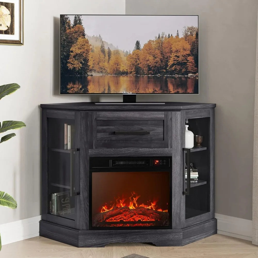 TV Stand with 18" Electric Fireplace Heater for TVs up to 43", Corner Wood Entertainment Center with Glass Door Storage Cabinets