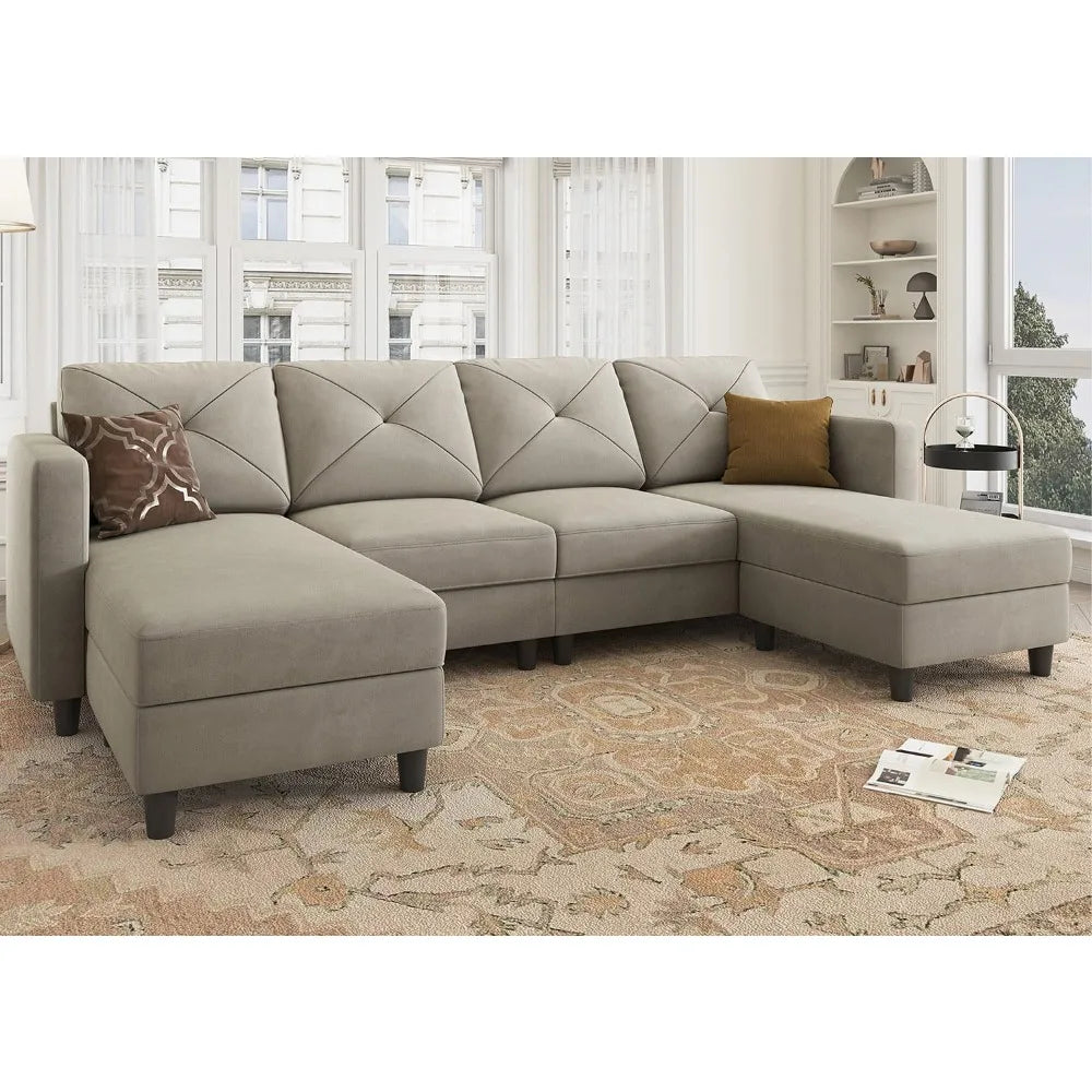 Velvet Sectional Sofa, with Chaise U Shaped Sectional Couch 4 Seat Sofa for Living Room, Living Room Sofas