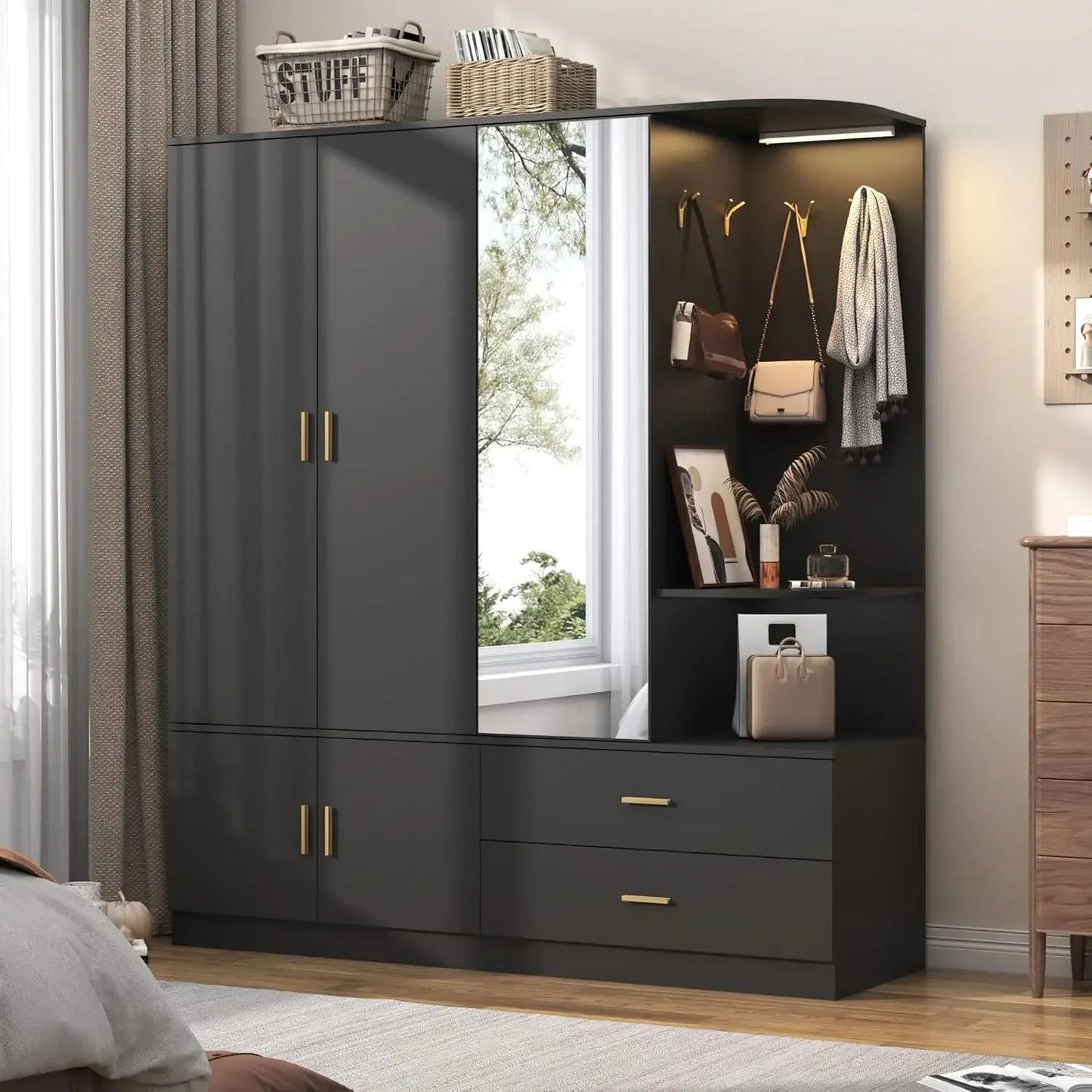 Wardrobe Closet with Mirror and Sensor Light, Armoire with 5 Doors 2 Drawers, Modern Wooden Large Wardrobe Closet with Shelves