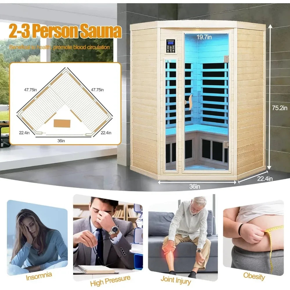 Sauna Room,Canadian Hemlock Indoor Corner Sauna Spa,7 Low EMF Heaters,2 LED Reading Lamp and 3 Chromotherapy Lights, 1600W