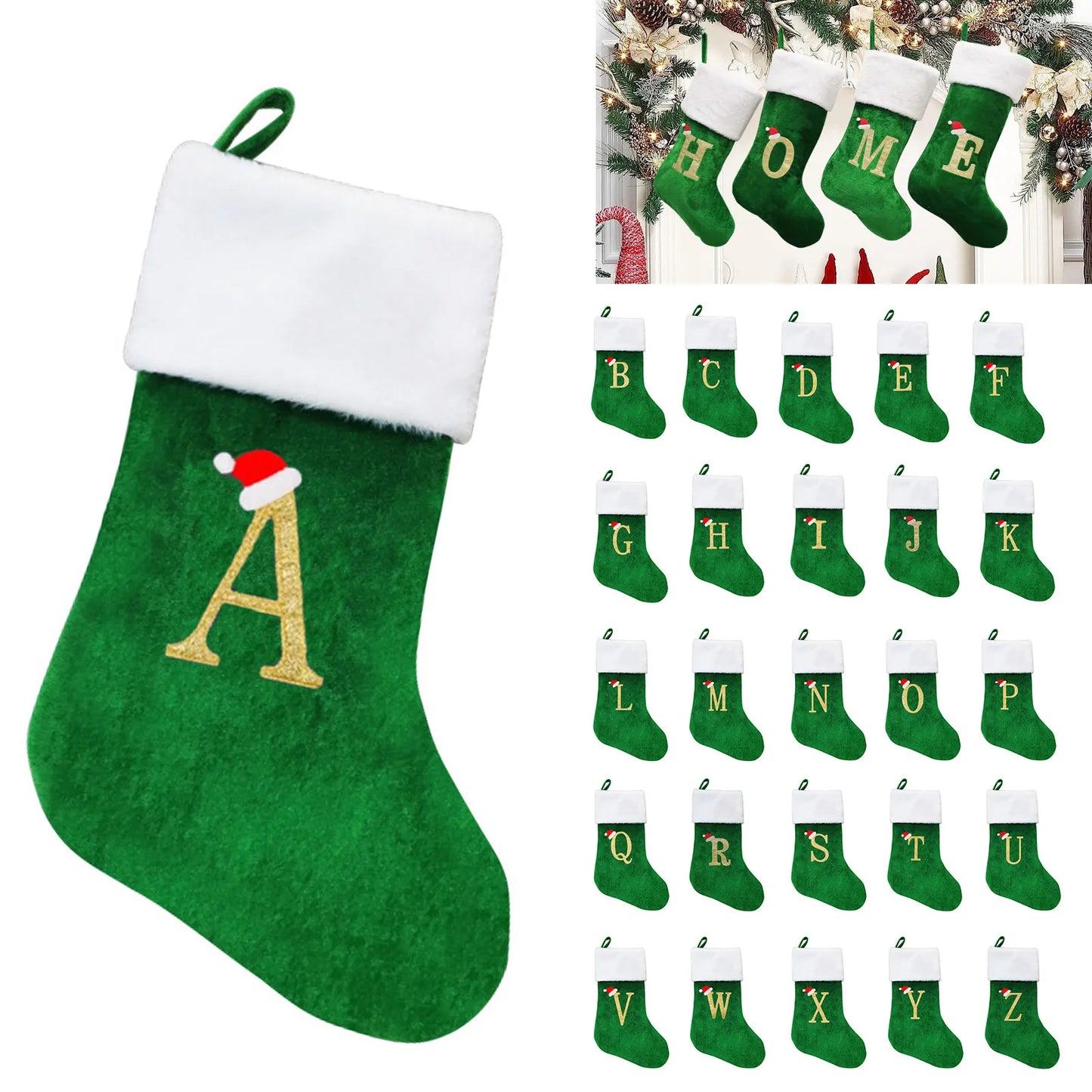 18in Christmas Stockings Letter A~Z Super Soft Plush Cuff Embroidered Xmas Stockings Decorations For Family Holiday Season Decor