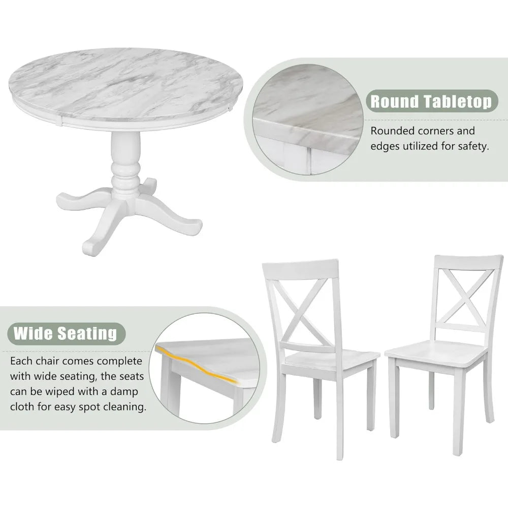 5-Piece Round Table and Chairs Set, with Marble Veneer Top and Wood Frame ,Dining Table and Chairs