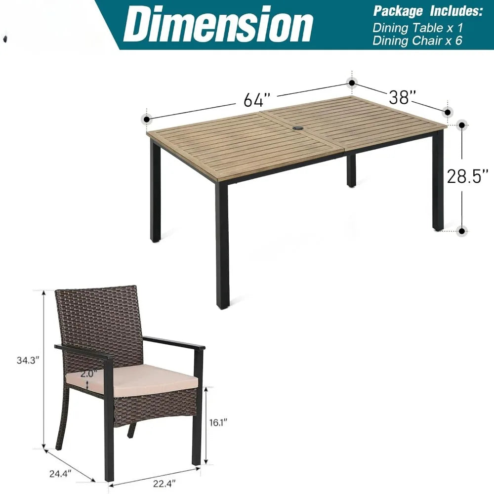 7Pieces Patio Dining Set,65” Wood-Like Metal Steel Dining Table & Rattan Wicker Chairs with Cushions,Large Dining Furniture Sets