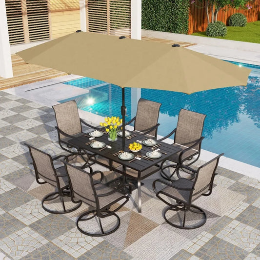 8PCS Patio Dining Set,with 13ft Large Patio Umbrella, 6Outdoor Swivel Chairs & 1 Rectangle Metal Table,Outdoor Dining Table Sets