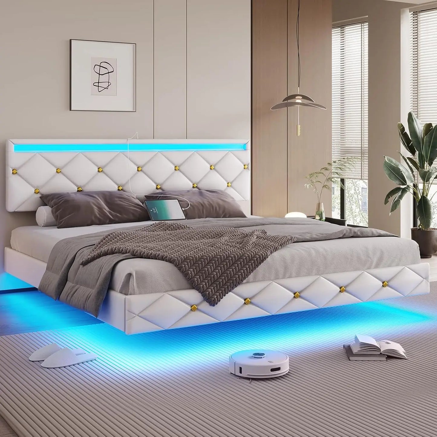 Floating Bed Frame with LED Lights and USB Ports Modern LED Bed Frame with Headboard Faux Leather Low Profile Platform Bed Frame