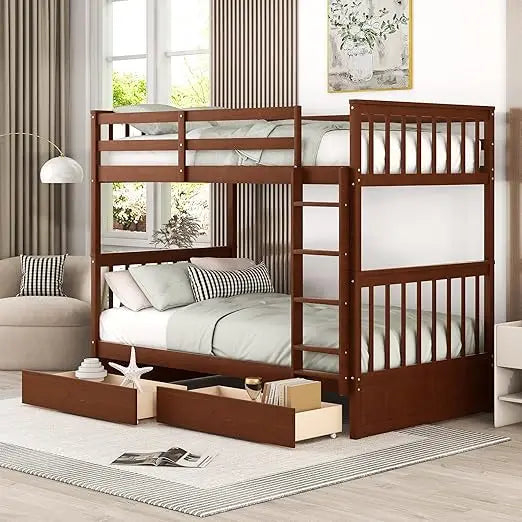 Wood Bunk Bed ,with Ladders and Two Storage Drawers,Solid Woods Detachable with Ladders,Convertible Wood Bunk Bed