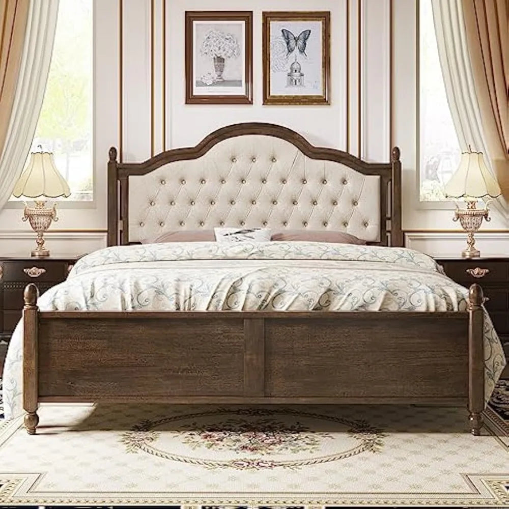 King Size Wood Bed Frame with Upholstered Headboard, Solid Wood Platform Bed with Linen Tufted, No Box Spring Needed, Walnut