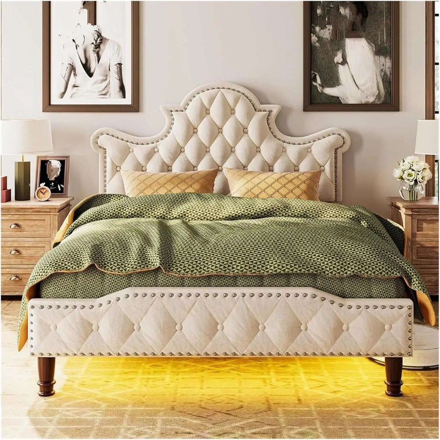 Queen Size LED Bed Frame,Queen with 58"Tall Tufted Headboard,Sturdy and Noiseless,Cream Bed Frame,sturdy durable materials