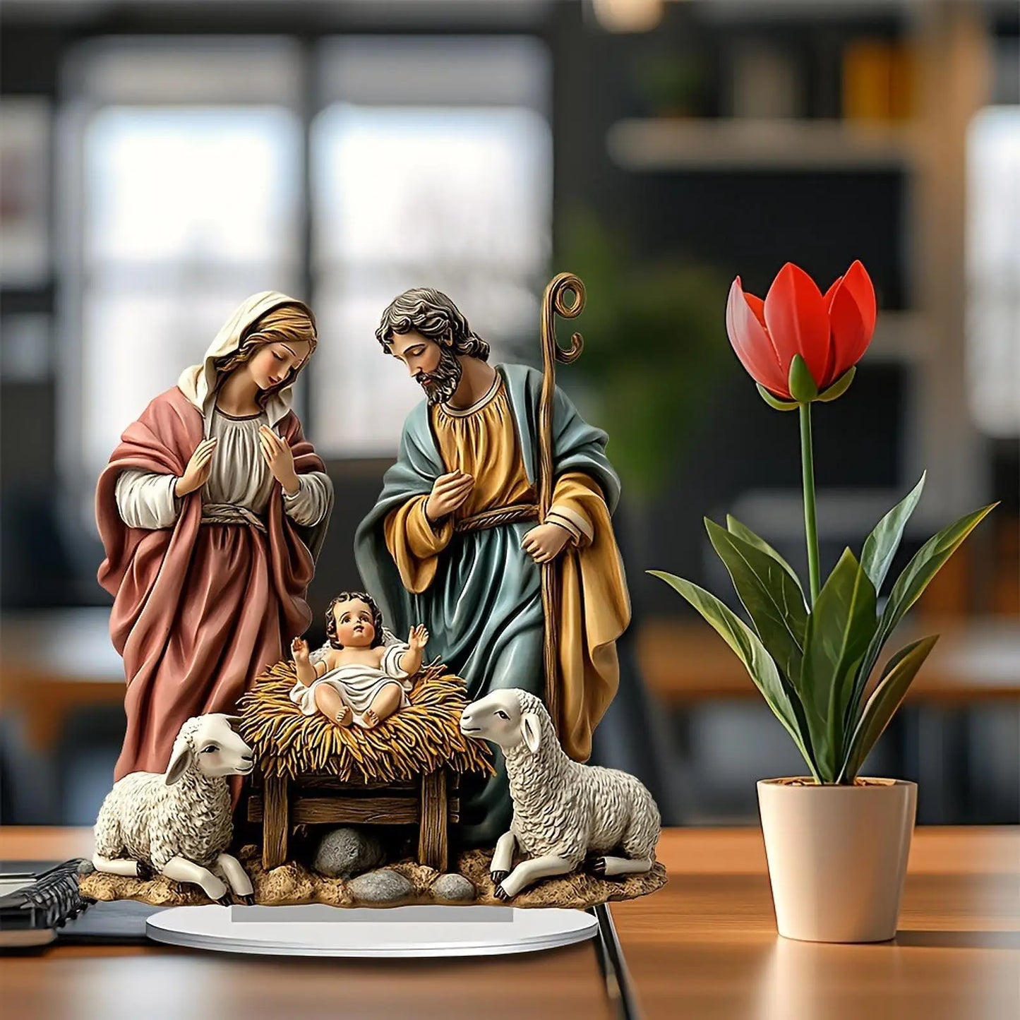 Nativity Scene Figurine Xmas Tabletop Scenes Figure Festive Desktop Decor with Base Nativity Figurines Set for Indoor Decor