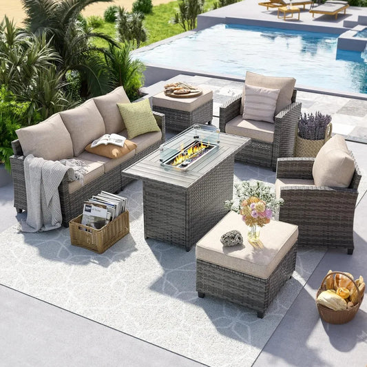 Outdoor Furniture Sets, with Fire Pit Table, 6 Pieces Outdoor All-Weather Wicker Rattan Sofa Ottoman,  Garden Furniture Sets