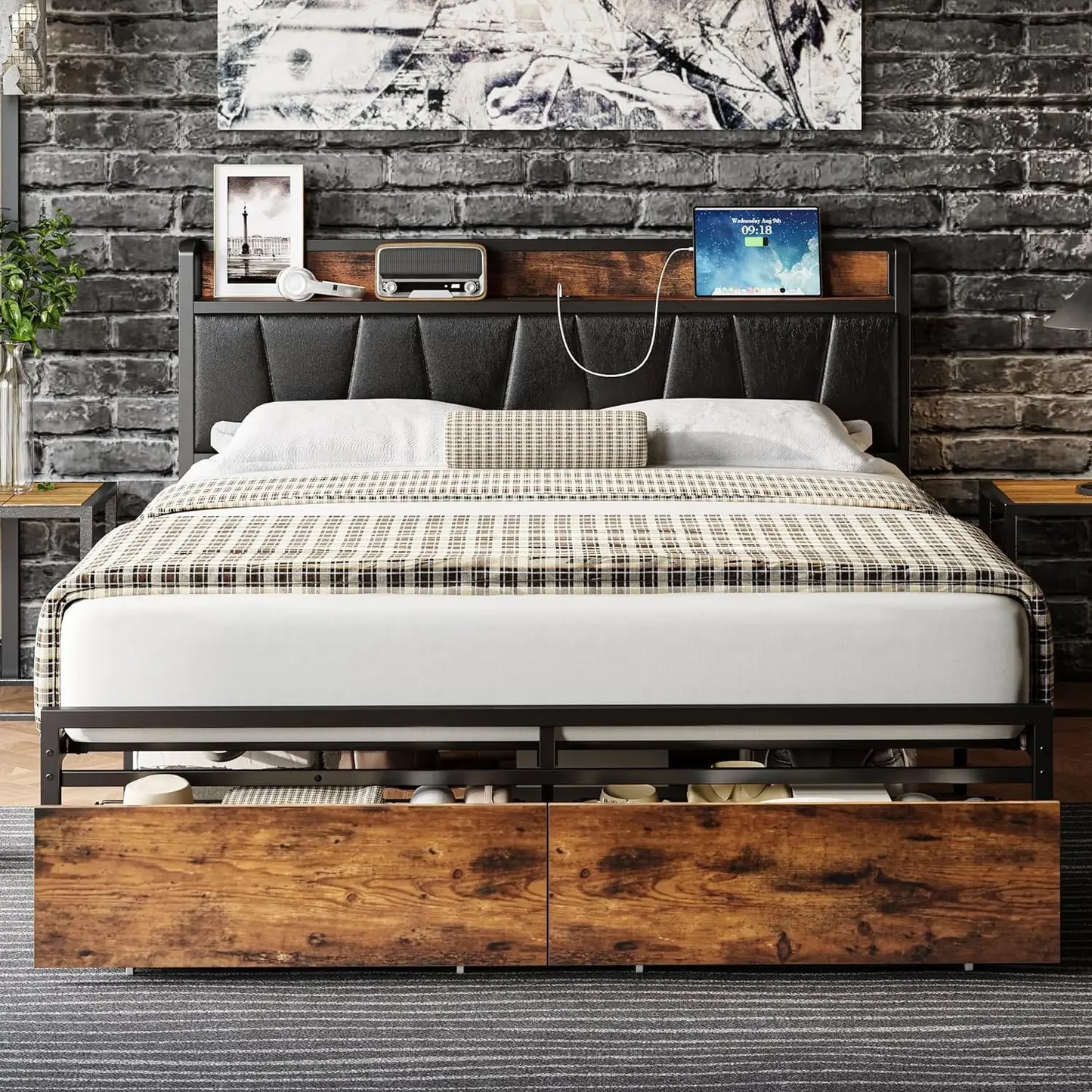 King Size Bed Frame, Storage Headboard with Charging Station, Platform Bed with Drawers, No Box Spring Needed, Easy Assembly