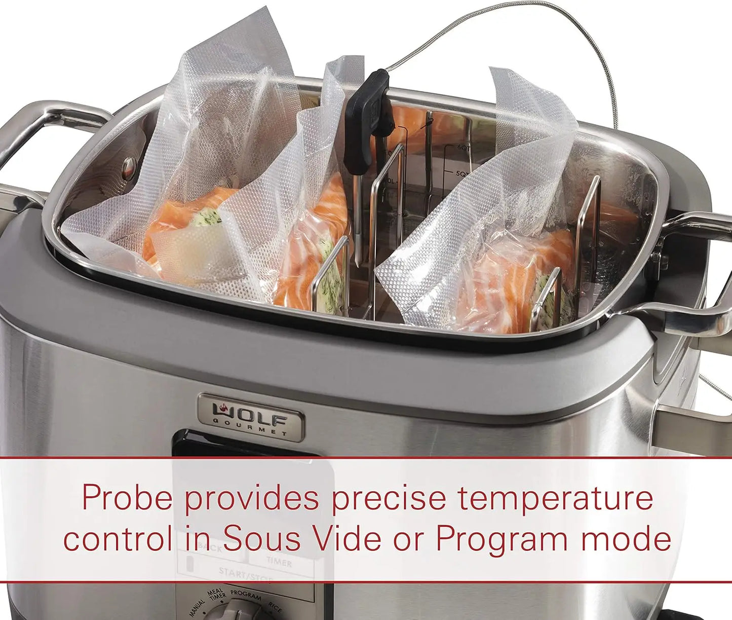 Programmable 6-in-1 Multi Cooker with Temperature Probe Slow Cook, Rice, Sauté, Sear, Sous Vide, Stainless Steel, Red Knob