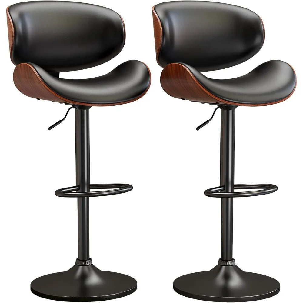 Swivel Bar Stools Set of 2, Adjustable Bentwood Barstools with Back and Footrest, Modern PU Leather Upholstered Bar Chair