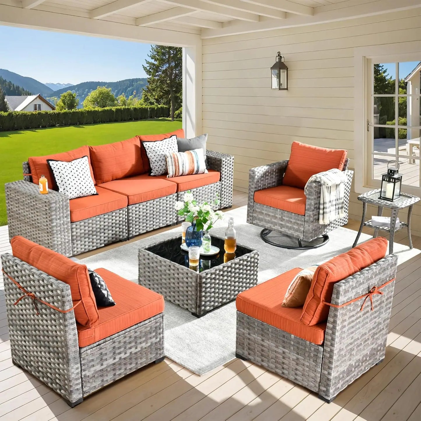 9 Pieces Patio Furniture Set, Outdoor Sectional Sofa with Swivel Rocking Chairs, Wide Arms and Deep Seat, Wicker Rattan Set