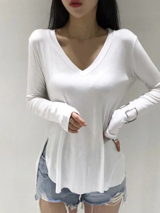 Casual V Neck T Shirt For Women Spring 2023 Korean Style Woman Clothes Basic T Shirts Long Sleeve Tops Loose Tee Shirt Camisetas