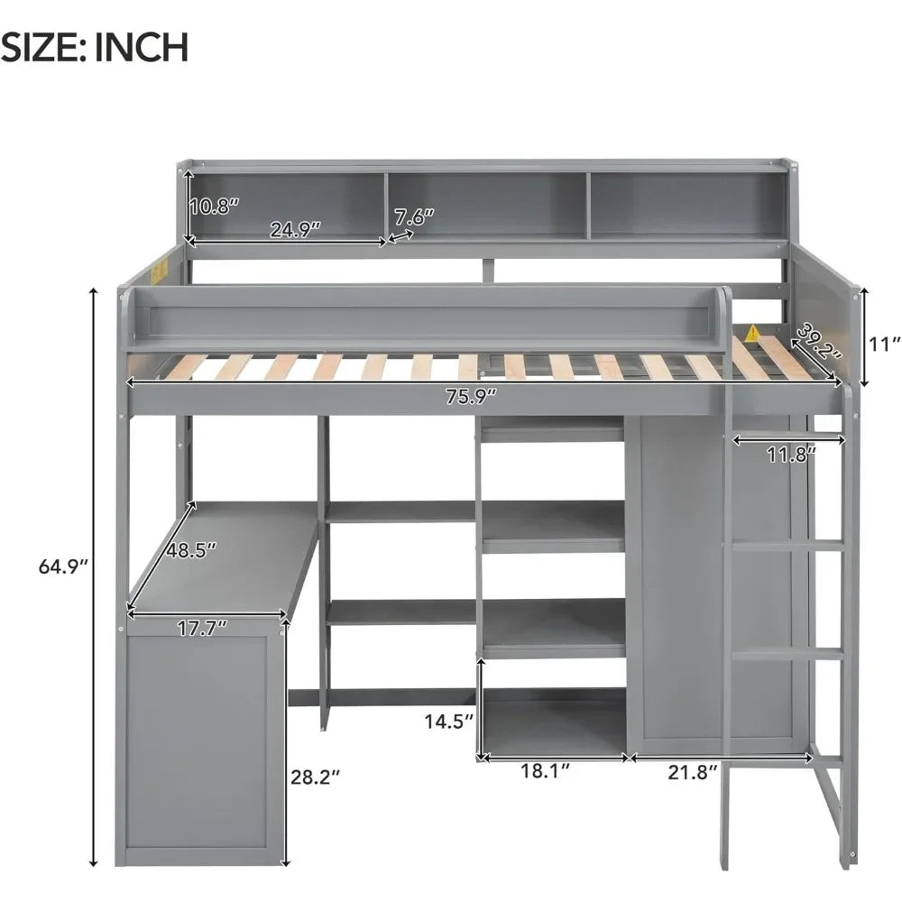 Twin Loft bedrooms Solid Wood Loft Bed with Desk and Multiple Shelves, High Loft Bed Frame for Kids Teens Adults