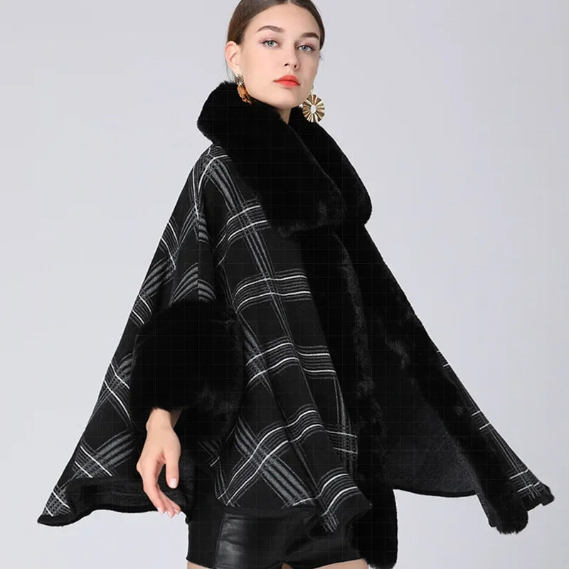 4 Colors Women Party Overcoat Cloak Winter Faux Rabbit Fur Big Collar Knitted Cardigan Cape Cashmere Long Sleeve Plaid Poncho