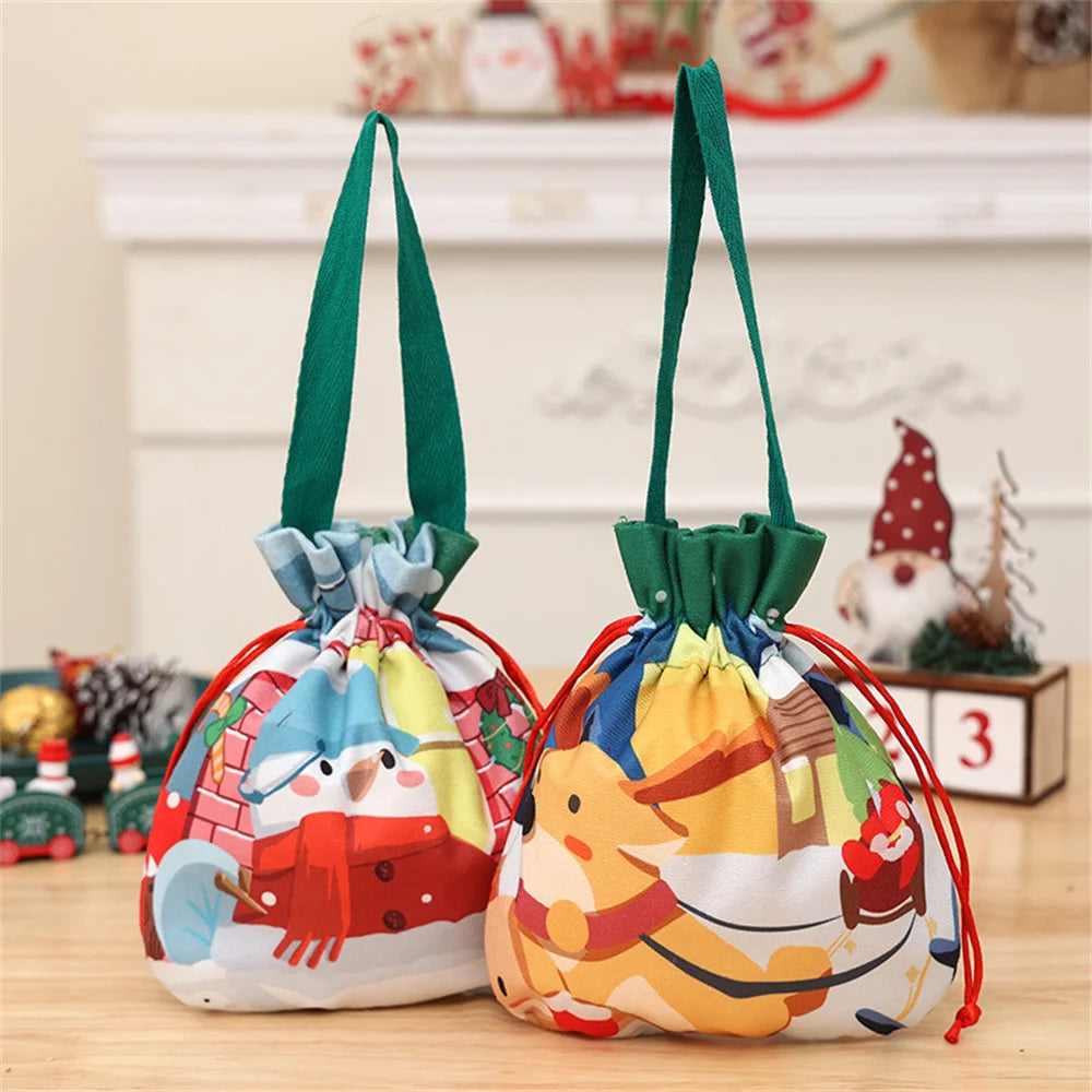 Christmas Cartoon Gift Bag with Handle Drawstring Pouch 2025 Xmas New Year Party Candy Snack Gift Packaging Storage Bags 1PCs