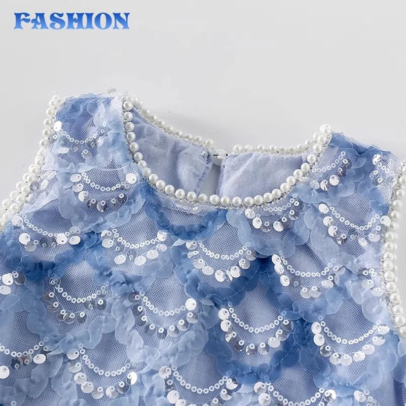 Summer Girls' Kid Clothes Baby Clothing Pearl Fish Scale Sequins Sweet Strap Dress Princess Dress Baby Dress