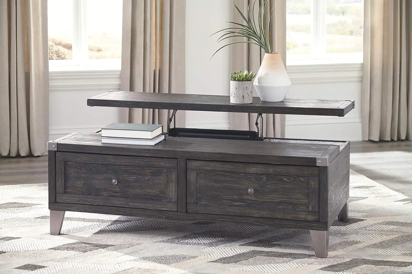 Industrial Rectangular Lift Top Coffee Table with 2 Storage Drawers, Dark Gray with Weathered Pine Finish