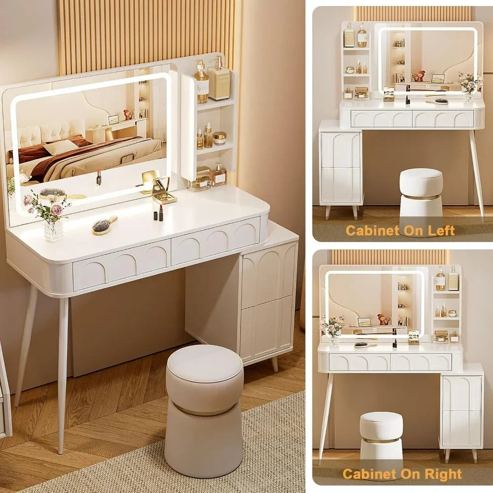 Vanity Desk with Lights and Mirror, Make Up Table with Lighted Mirror and 4 Drawers, Vanity Desk