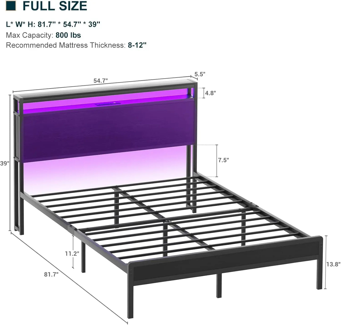 Full Size Bed Frame with Charging Station and Led Lights, Industrial Metal Platform Bed with Storage Headboard, Steel S