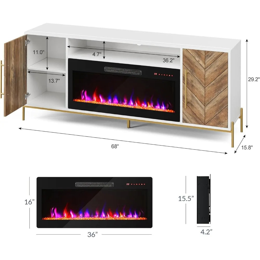 Wood TV Stand with 36" Electric Fireplace, Entertainment Center with Storage Cabinet, Console Table for TVs up to 75 Inches