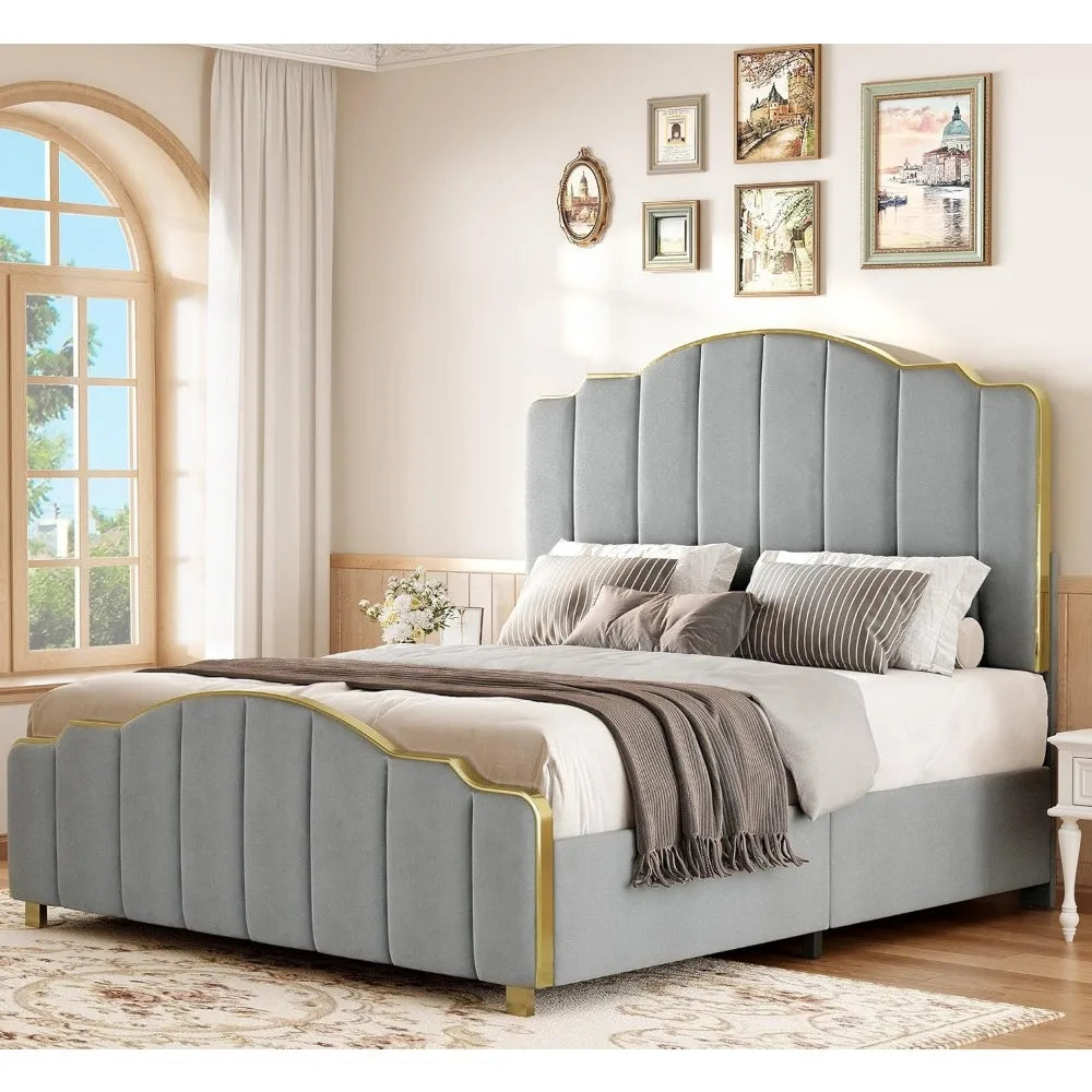 Queen Bed Frame with Tall Headboard, Premium Velvet Upholstered Bed with Golden Plating Trim,Platform Bed No Box Spring Needed