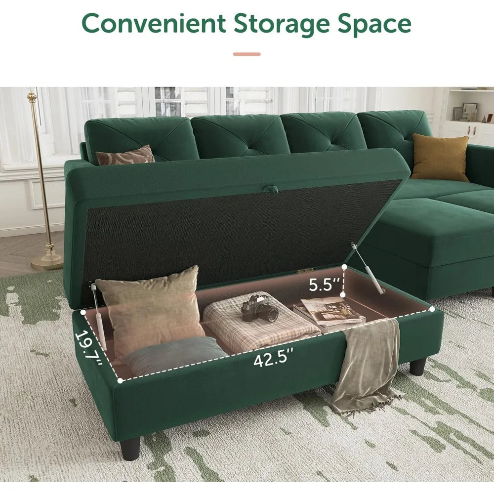 Sleeper Sectional Sofa Set ,with Storage Ottoman 4-Seat Sectional Sofa Set for Living Room, Velvet U Shaped Couch