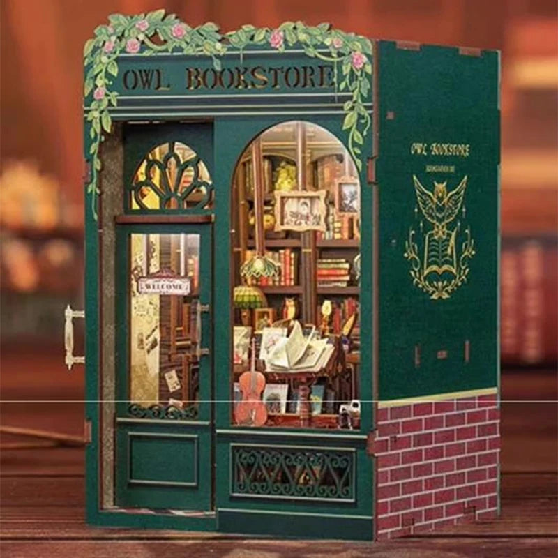 DIY Book Nook Owl Bookstore Kit, 3D Wooden Puzzle Bookend For Bookshelf Decor, With Light Model Kits For Adults