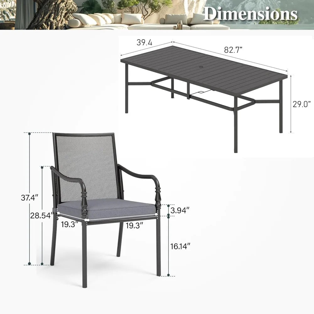 Patio Dining Set, 83" Rectangle Table with 8 Cushioned Armrest Chairs, for Backyard Garden Lawn,8 Person Patio Table and Chairs