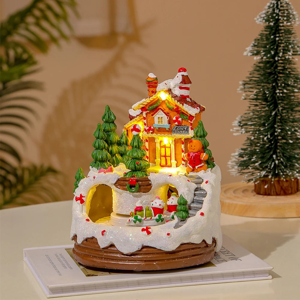 Christmas Music Box Snow Scene Ornament 6.3inch Illuminated Music Resin House Ornament Gift for Kids for Bookshelf Restaurant