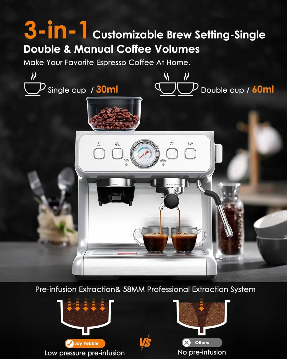 Espresso Machine,15 Bar Professional Espresso Maker with Coffee Bean Grinder Milk ,Coffee Machine for Cappuccino