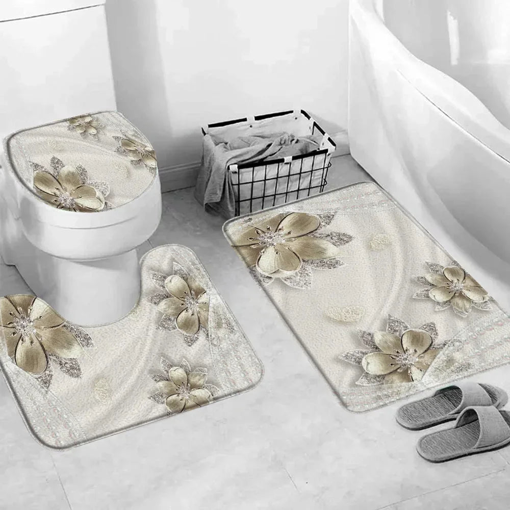 Elegant Bouquet of Fantastic White Flowers 3D Style Shower Curtain Bathroom Curtain with Bath Rug Carpet Set Floral Home Decor