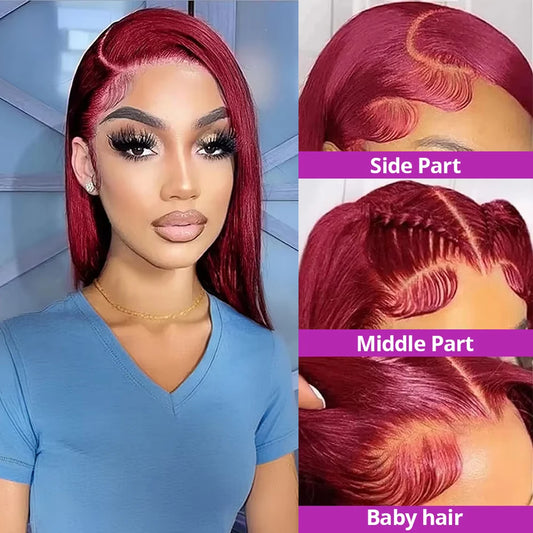 99J Burgundy Short Bob Wig Human Hair 13x4 Lace Front Wig Brazilian Straight Red Color 7x5 Glueless Wigs Ready to Wear For Women